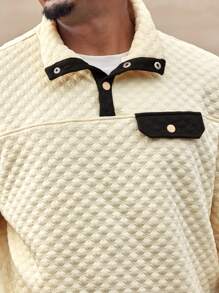 Manfinity Homme Men's Plus Size Button-Up Front Long Sleeve Casual Loose Pullover Sweatshirt - Beige - View 3