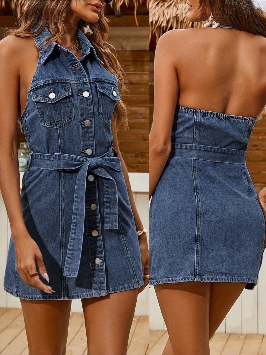 Breezaya Đầm yếm denim thắt eo đơn hàng khuy cho nữ, mùa hè - Rửa tối - Xem 1