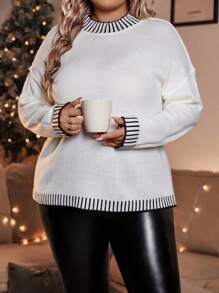 SHEIN LUNE Plus Size Striped Printed Mock Neck Casual Pullover Sweater Knit Pullover Fall Winter - Black and White - View 4