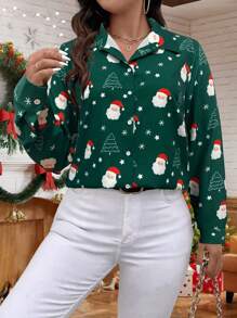 SHEIN LUNE 加大码编织圣诞老人印花绿色衬衫，适合圣诞节女式衬衫 - 綠色 - 查看 4