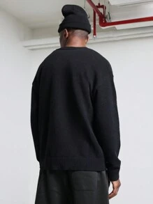 SUMWON Cárdigan clásico de punto acanalado de manga larga - Prenda exterior esencial de invierno con pequeño logotipo estampado, estilo urbano de moda callejera