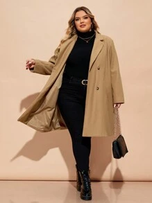 SHEIN CURVE+ Curve Plus Lapel Neck Double Breasted Overcoat, For Winter Fall Autumn