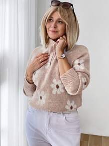 SHEIN LUNE Women's Floral Jacquard V-Neck Long Sleeve Sweater - Multicolor - View 2