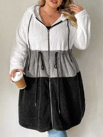 SHEIN CURVE+ Plus Size Women's Long Sleeve Patchwork Furry Hooded Jacket With Pockets, Autumn/Winter