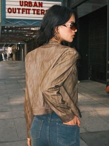 Easelle Brown Cropped Faux Leather Jacket, Fall