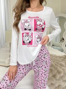 卡通兔子印花长袖睡衣套装，秋冬服装