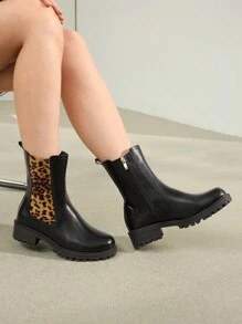 MOTF PREMIUM 女士时尚豹纹拼接中筒靴 秋季