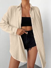 EURMUSE Solid Drop Shoulder Button Front Shirt - Khaki - View 7