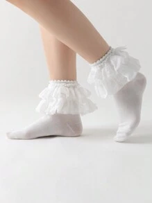 ROMWE Kawaii Damen Socken in Unifarbe mit Spitzen-Rüschen bis zur Mitte des Waden