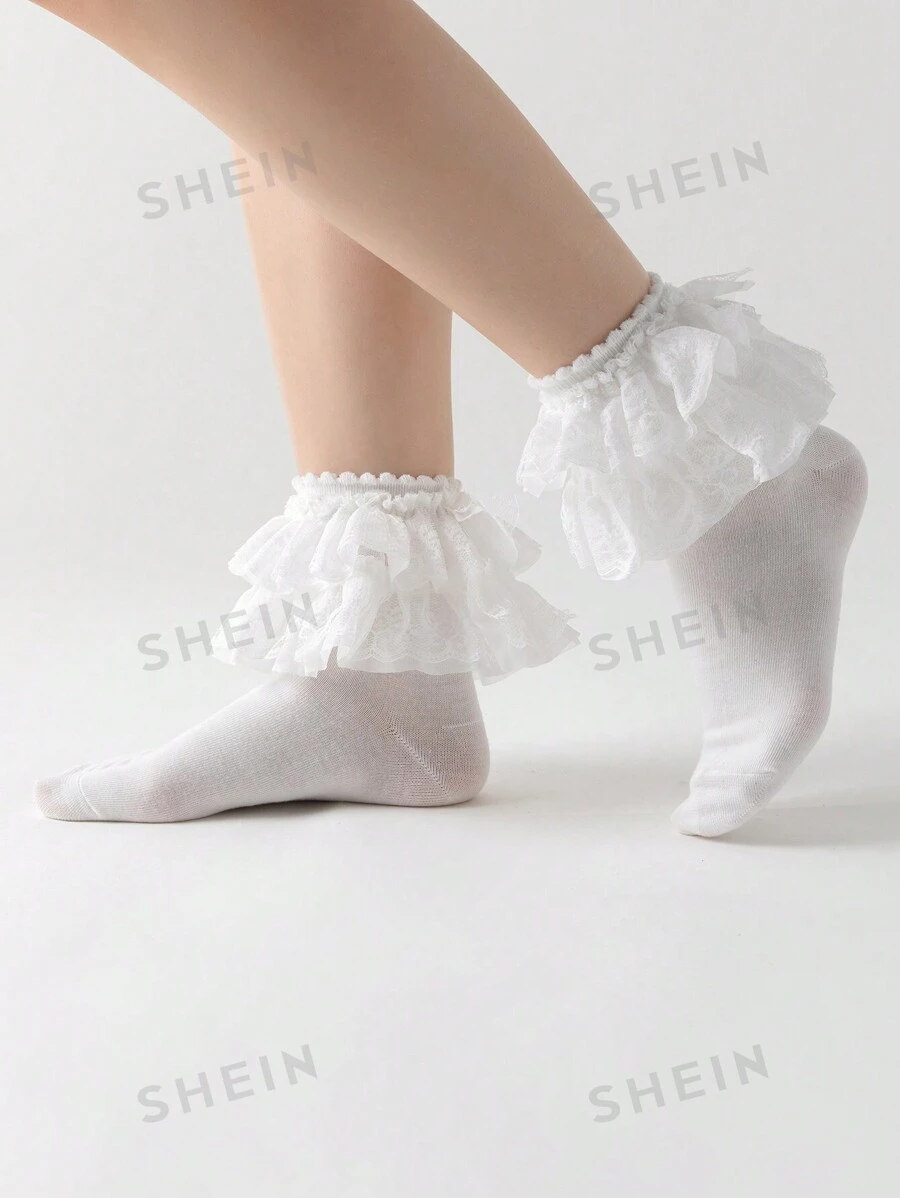 ROMWE Kawaii Damen Socken in Unifarbe mit Spitzen-Rüschen bis zur Mitte des Waden
