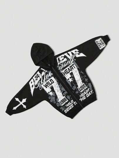 Street Life Men's Cross & Letter Print Hoodie, Streetwear Retro Style