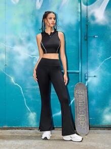 Streetz SHEIN Sport 女士夏季休闲拼布撞色罗纹上衣和开衩喇叭裤运动服套装 - 黑色 - 查看 7