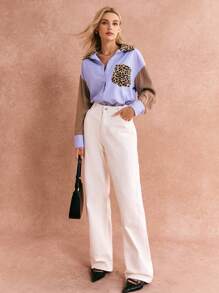 Poéselle Camisa casual de diario de mujer con bolsillo, manga larga, cierre frontal con botones, estampado de leopardo y bloques de color, ropa de mujer para otoño e invierno, de estilo chic sin esfuerzo, 24 FW