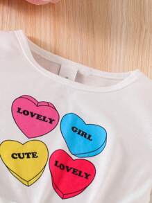 SHEIN Young Girl Casual Cute Heart Print Long Outerwear Coat With Fashionable Knotted Tee And Leggings Set, Autumn - Beige - View 8