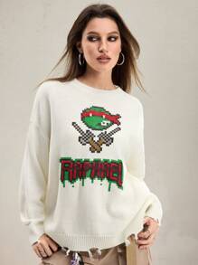 TEENAGE MUTANT NINJA TURTLES | SHEIN Women's Casual Cartoon Turtle & Letter Graphic Oversized Drop Shoulder White Sweater