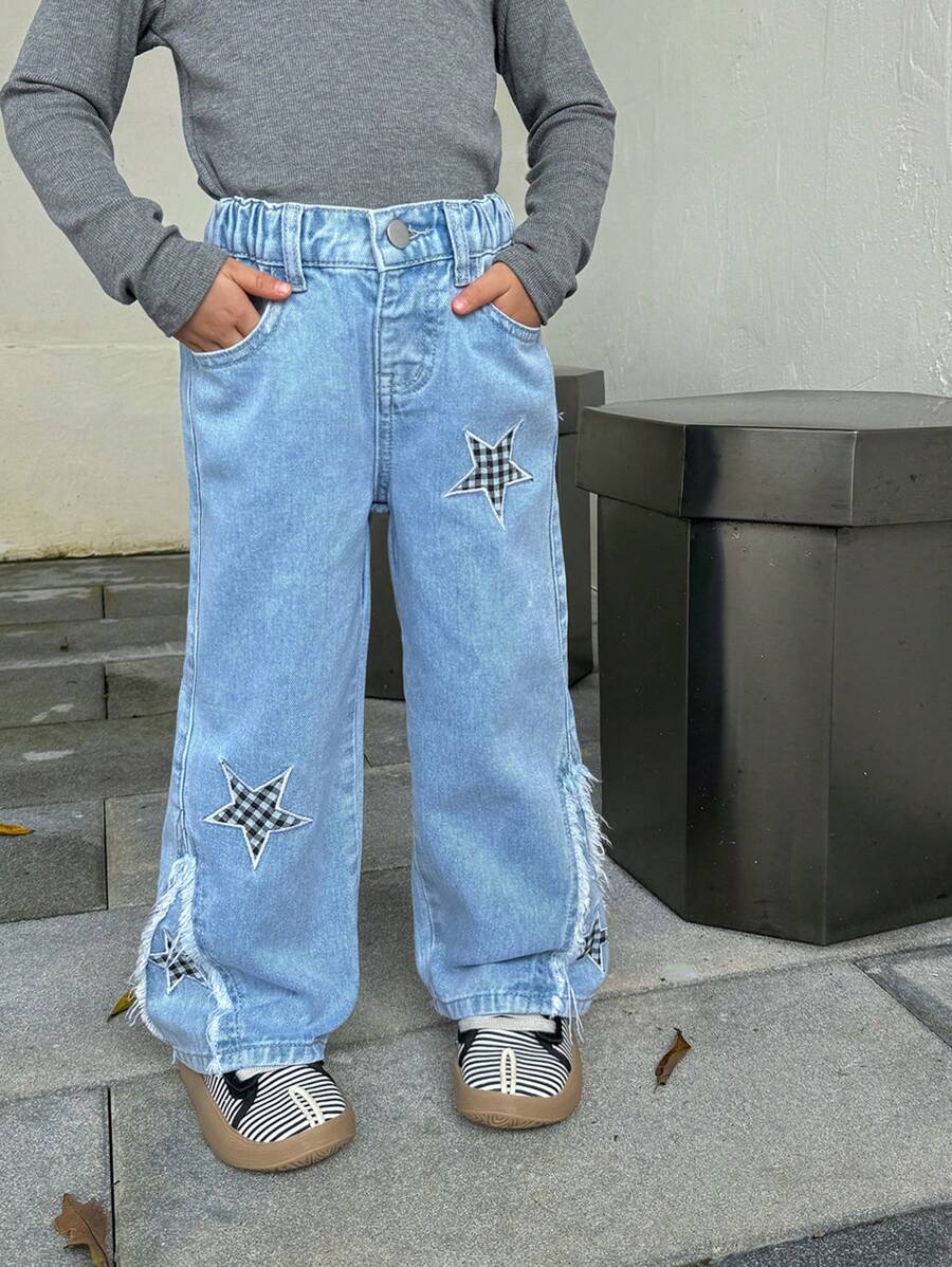 SHEIN Girls' New Five-Pointed Star Embroidered Straight Leg Wide Jeans Pants - Light Wash - View 1