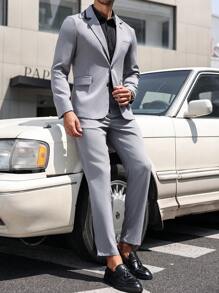 Manfinity Bizformal Men's Solid Color Stand Collar Long Sleeve Jacket & Pants Business Suit Set, Autumn - Grey - View 4