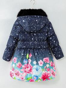 女童连帽棉衣，带花卉印花、星星和毛茸茸的衣领，冬季 - 彩色 - 查看 2