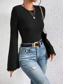 SHEIN Frenchy Lettuce Trim Trumpet Sleeve Ribbed Textured Fabric Special Sleeve Knit Tee Winter Black Casual Spring - Black - View 4