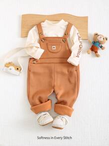 Cozy Pixies 2pcs Baby Boy Letter Pattern Knit Soft Crew Neck Long Sleeve Pullover Top And Suspender Pants Set - Khaki - View 1