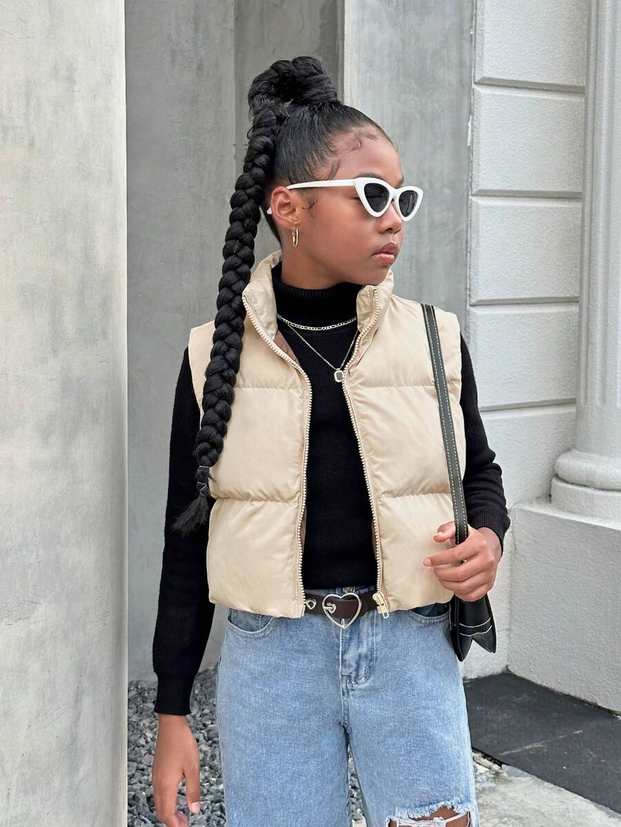 SHEIN Tween Girls Casual Stand Collar Sleeveless Padded Vest Jacket, Autumn Winter - Apricot - View 1