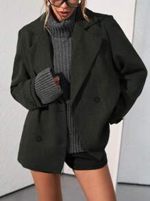 Aveloria Modichic Versatile Wide Lapel Straight Cut Herringbone Pattern Loose Mid-Length Women Jacket  - Dark Green - View 5