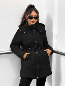 Abrigo acolchado con capucha de unicolor casual de invierno - Negro - Ver 4