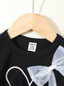 Baby Girl Butterfly Mesh Sheer Chest Heart Black Short Sleeve T-Shirt, Cool For Summer - Black - View 3