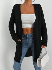 EURMUSE Dual Pocket Open Front Cardigan - Black - View 1