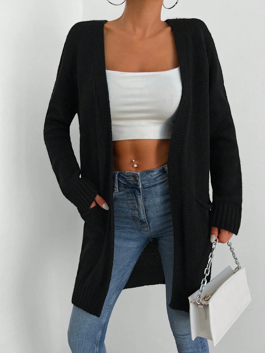 EURMUSE Dual Pocket Open Front Cardigan - Black - View 1