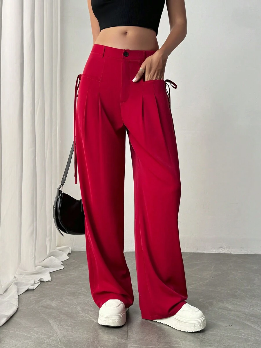 Chiquease Korean Style Summer New Loose High Waist Drawstring Wide Leg Pants For Women - Burgundy - View 1
