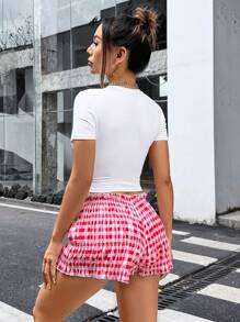 INAWLY 2 sztuki damskiej koszulki z krótkim rękawem i okrągłym dekoltem z nadrukiem wiśniowym oraz szorty w kratę, swobodny strój na lato