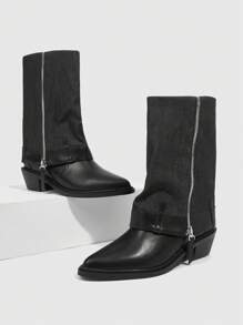 CUCCOO GRLICON Bottes hautes pour femmes, style Y2K, rock punk, motard, fille cool, convient pour Halloween, Noël, occasions festives - Noir - Voir 2