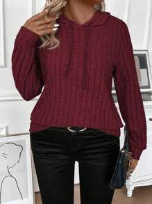 INAWLY Plus Size Women's Burgundy Hooded Wool Rib Fabric Casual Sports Long Sleeve Shirt, Soft Knit, Fall/Winter