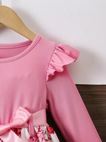Vestido de manga larga con estampado floral, volantes en el bajo, lazo en la cintura, apropiado para primavera y otoño, para niñas - Rosa - Ver 6