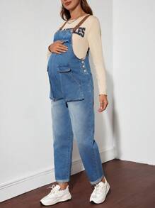 SHEIN 孕妇宽松牛仔工装裤和休闲阔腿七分裤 - 彩色 - 查看 3