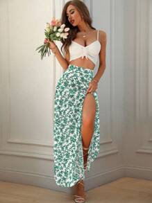 Breezaya 女士全印花开衩下摆半身裙，休闲度假 - 杏色 - 查看 4