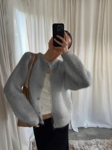 Siren Gaze Suéter de cárdigan casual con mangas largas y hombros caídos de unicolor y esponjoso para mujer, para otoño e invierno, tops de manga larga