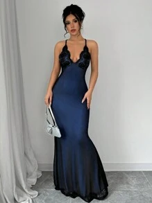 Rafferiza Spaghetti Strap V-Neck Lace Splice Criss-Cross Back Net Fishtail Bodycon Dress For Women Maxi Women Outfit