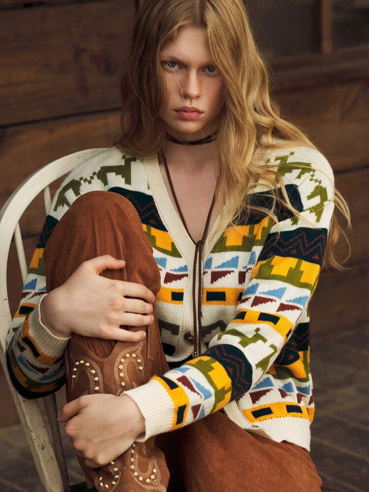 SHEIN Maija Women's Elegant Geometric Jacquard Single-Breasted Casual Long Sleeve Cardigan, Autumn/Winter