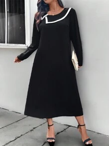 SHEIN LUNE Plus Size Black And White Contrast Trim Dress With Collar Winter Clothes - Black and White - View 1