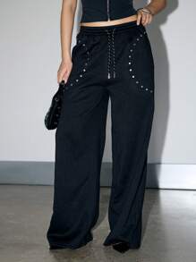 AiiRZ Studded Wide Leg Athletic Pants Workout Joggers Dance Studio Pants Fitness Training Tracksuit Bottom Fall Winter Athletic Wear - Black - View 1