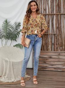 EMERY ROSE 女式休闲花卉印花褶皱袖口衬衫，秋季