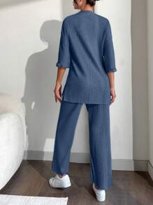 EURMUSE 100%Cotton Drop Shoulder Tee & Wide Leg Pants - Dusty Blue - View 2