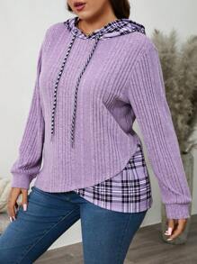 SHEIN LUNE Áo nỉ mềm mại, chất liệu vải chải mịn, họa tiết kẻ caro, viền phối màu, cỡ lớn, thích hợp cho mùa đông, thu. - Màu tím - Xem 3