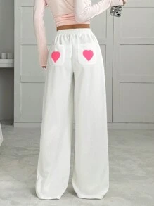 SHEIN EZwear 心形印花松紧腰口袋运动裤 - 白色 - 查看 5