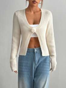 Flirla Versatile 3D Flower Applique Long Sleeve Cardigan Fall Cloth For Women - Apricot - View 6