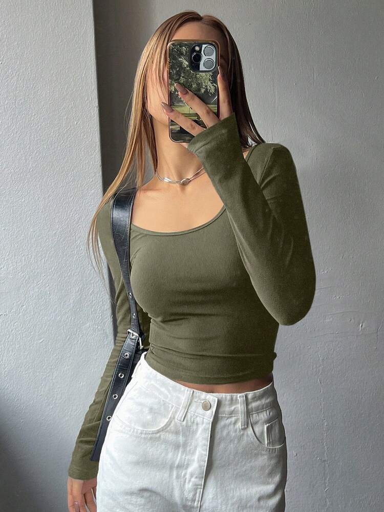 Women's Solid Color Crew Neck Slim Fit Long Sleeve T-Shirt, Autumn,Back To School Clothes,Fall Women Clothes