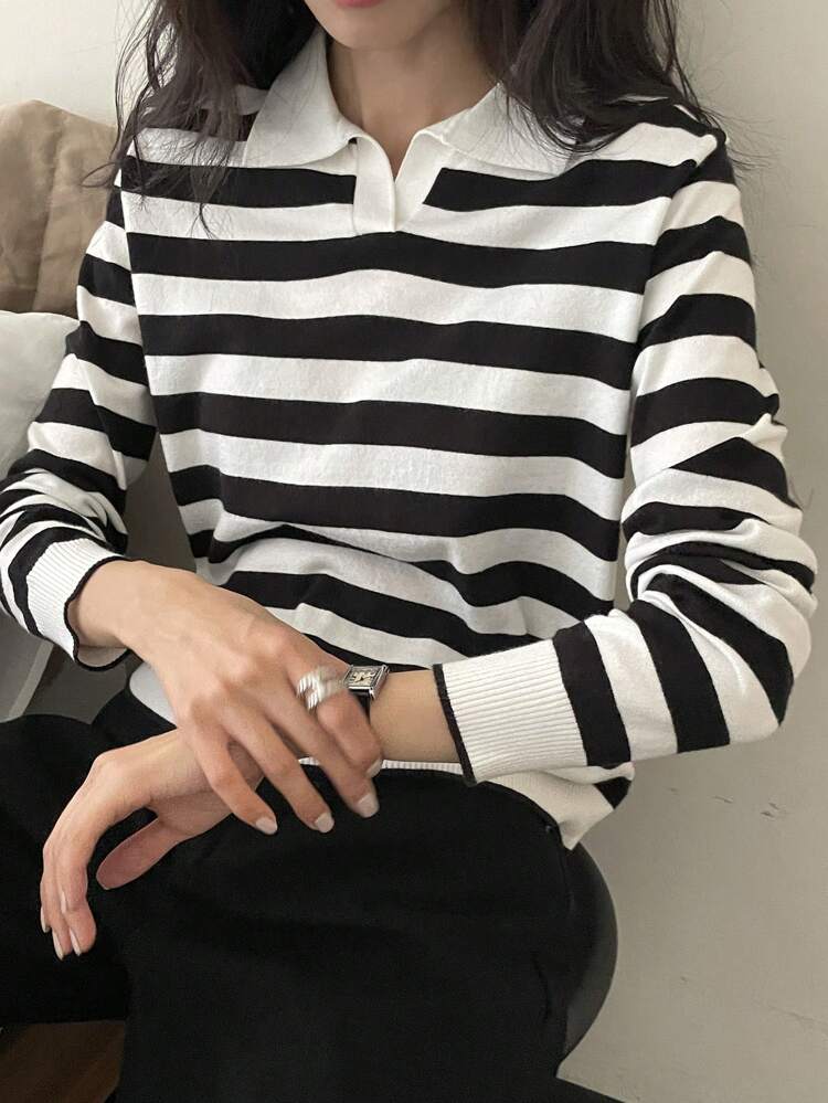 Striped Print Collared Casual Long Sleeve Pullover Sweater Fall
