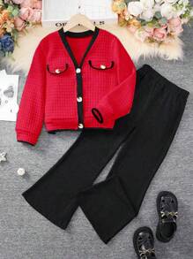 SHEIN 2 件套青少年女孩优雅休闲撞色边饰仿口袋夹克和喇叭裤 - 紅色 - 查看 1